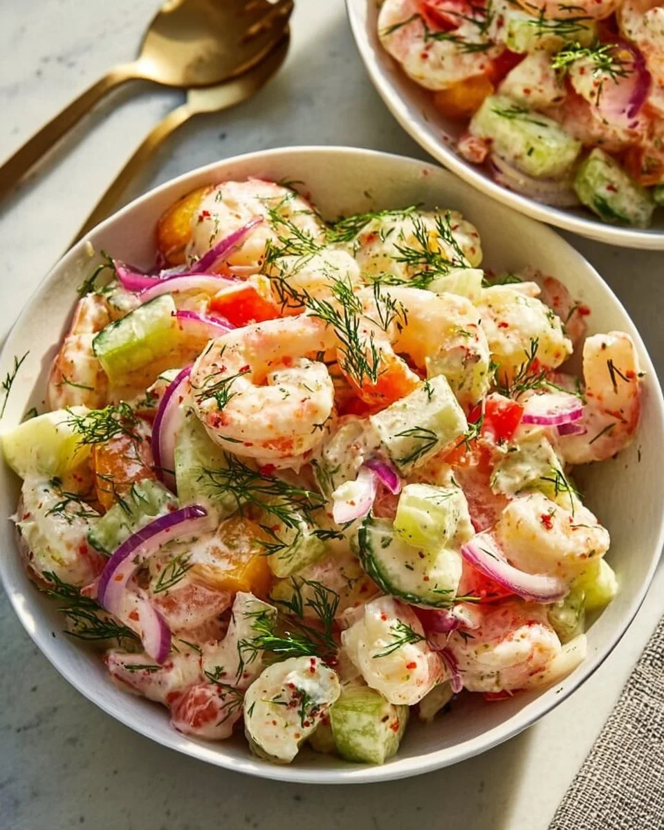 A vibrant bowl of refreshing shrimp and crab salad with fresh ingredients