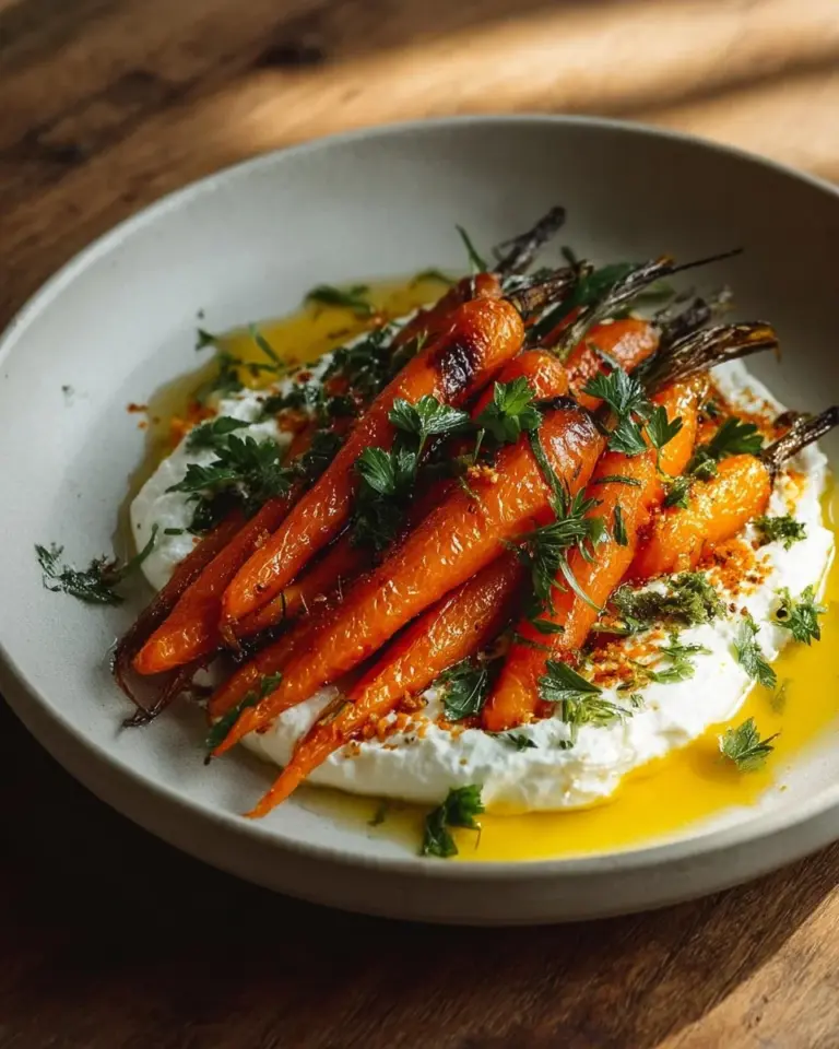 Plate of roasted carrots with whipped ricotta and drizzled hot honey