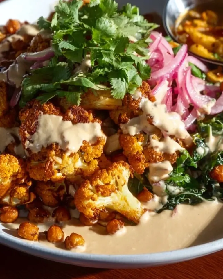 Roasted cauliflower and chickpea couscous salad in a bowl with vibrant vegetables