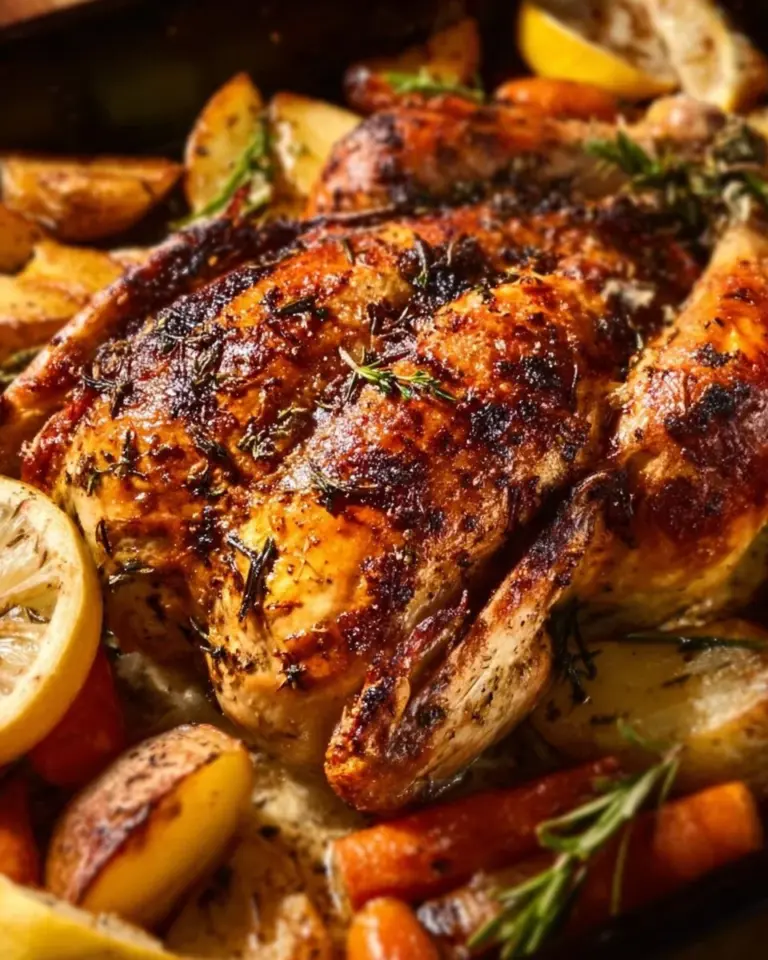 Golden-brown roasted chicken served with fresh herbs and vegetables