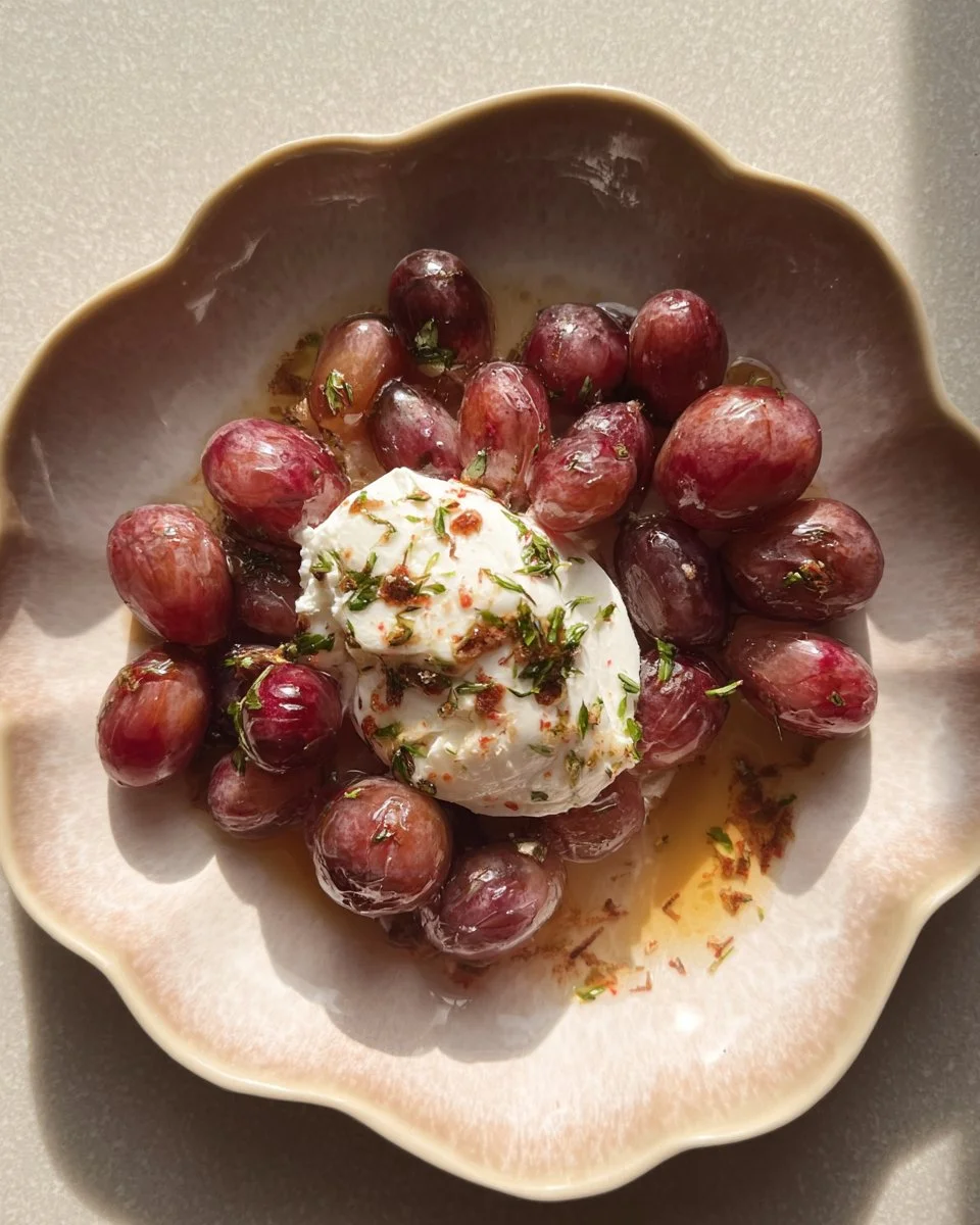 Plate of roasted grapes with creamy burrata cheese