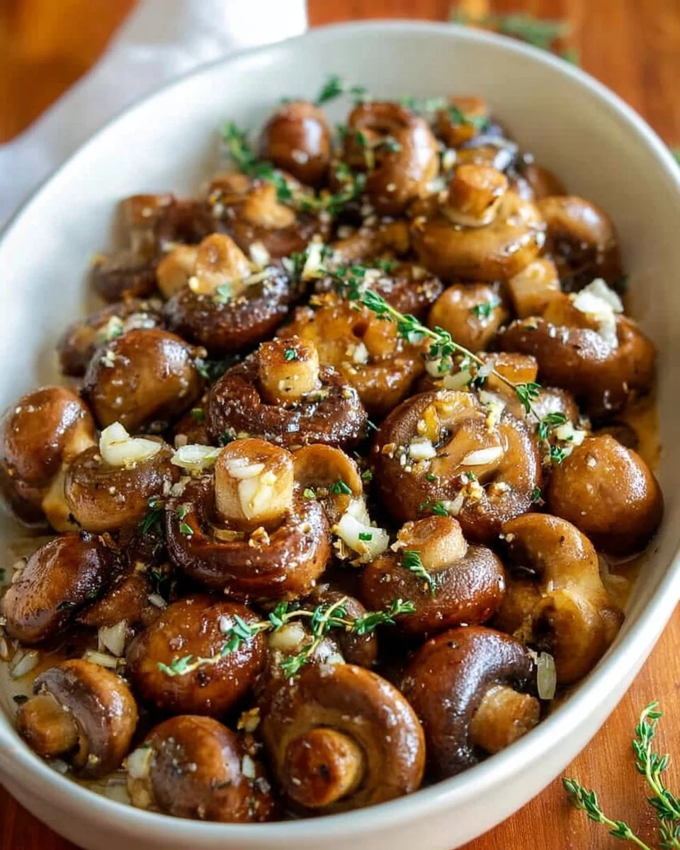 Delicious roasted mushrooms in browned butter and garlic sauce on a plate