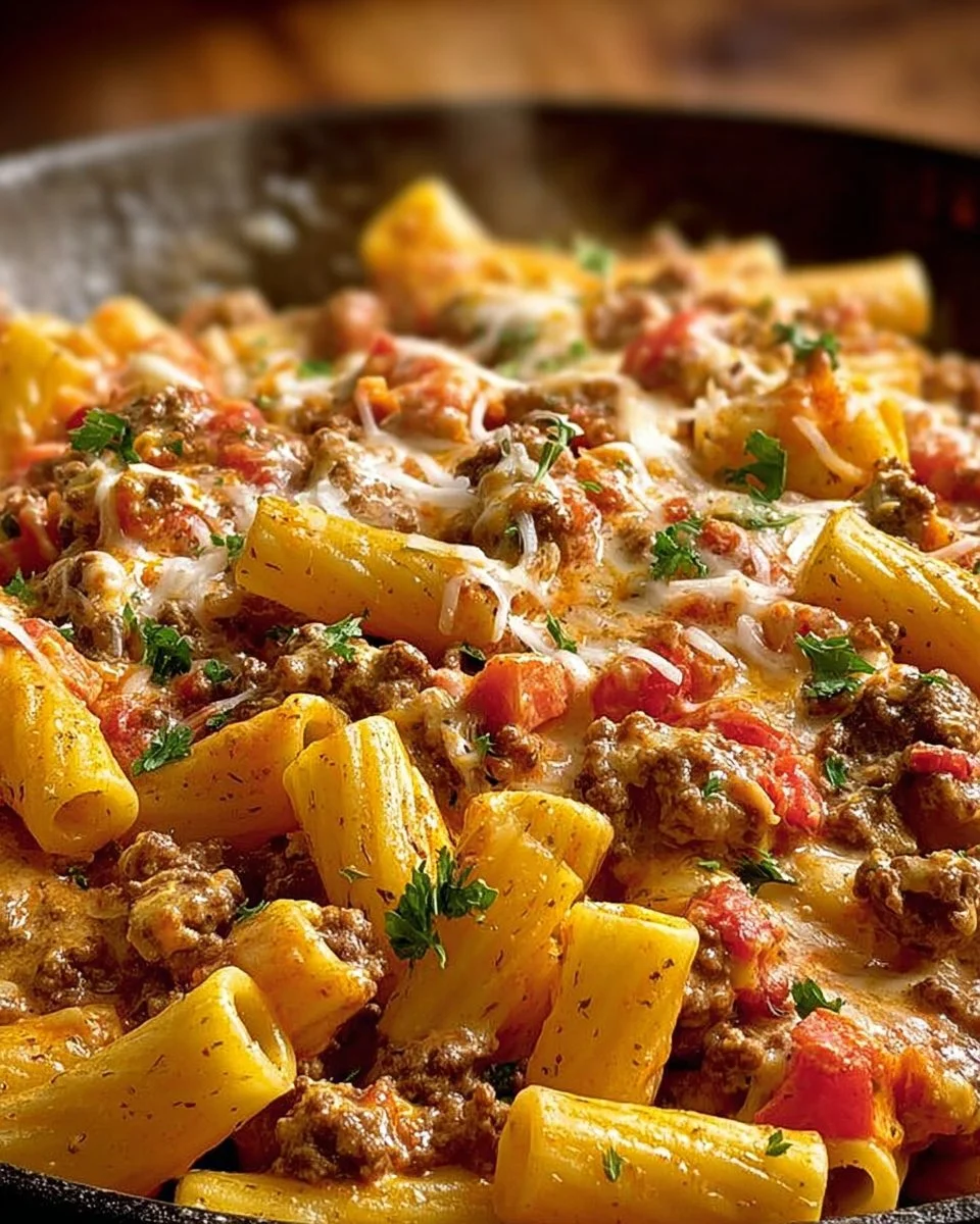 Colorful Rotel Pasta Fiesta dish with cheese and fresh ingredients