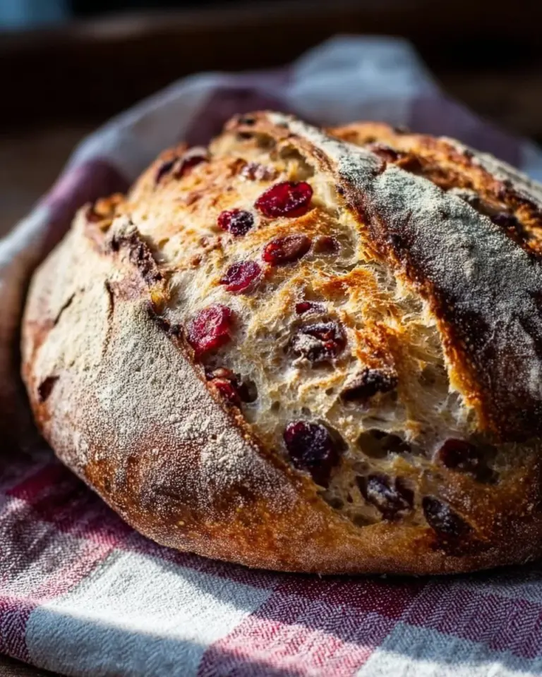 Loaf of Rustic Cranberry-Walnut Bread on a wooden cutting board