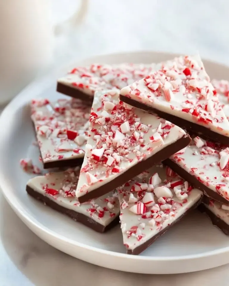 Salted Peppermint Chocolate Bark with festive toppings on a plate.