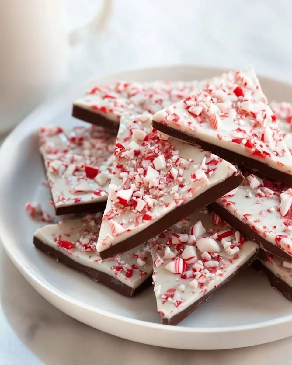 Salted Peppermint Chocolate Bark with festive toppings on a plate.