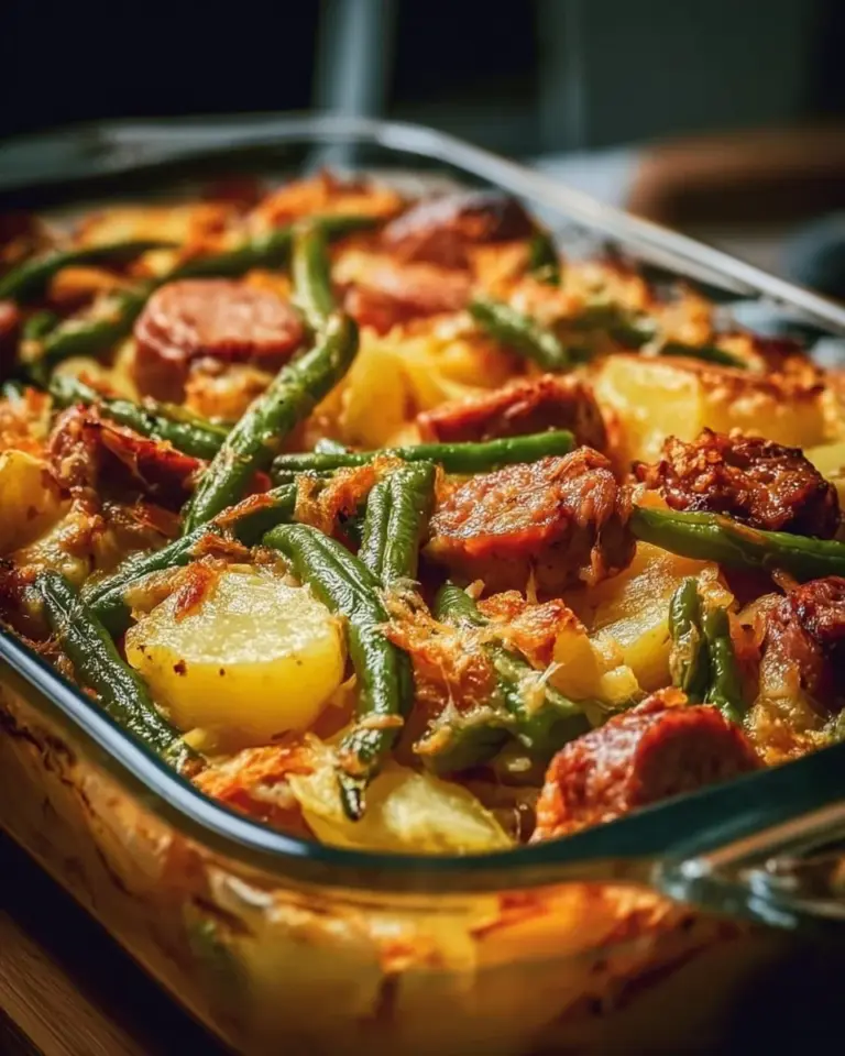Sausage, green bean, and potato casserole in a baking dish, ready to serve.