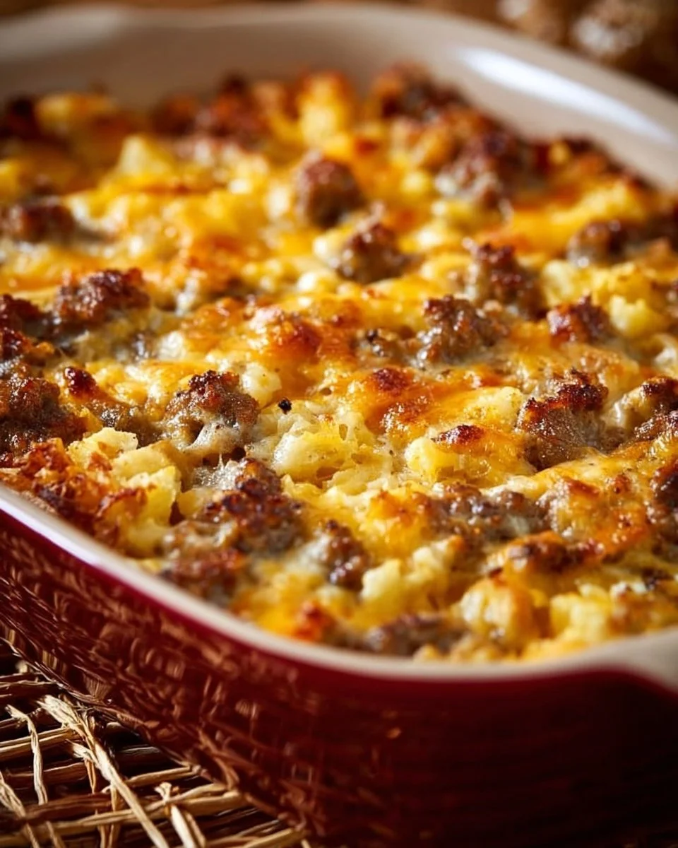 Sausage Hash Brown Breakfast Casserole baked to perfection