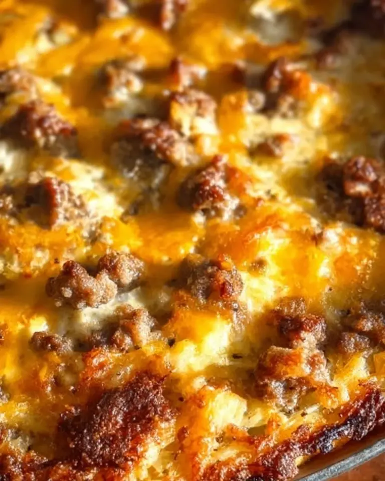 Sausage Hashbrown Breakfast Casserole served in a dish, delicious and hearty meal