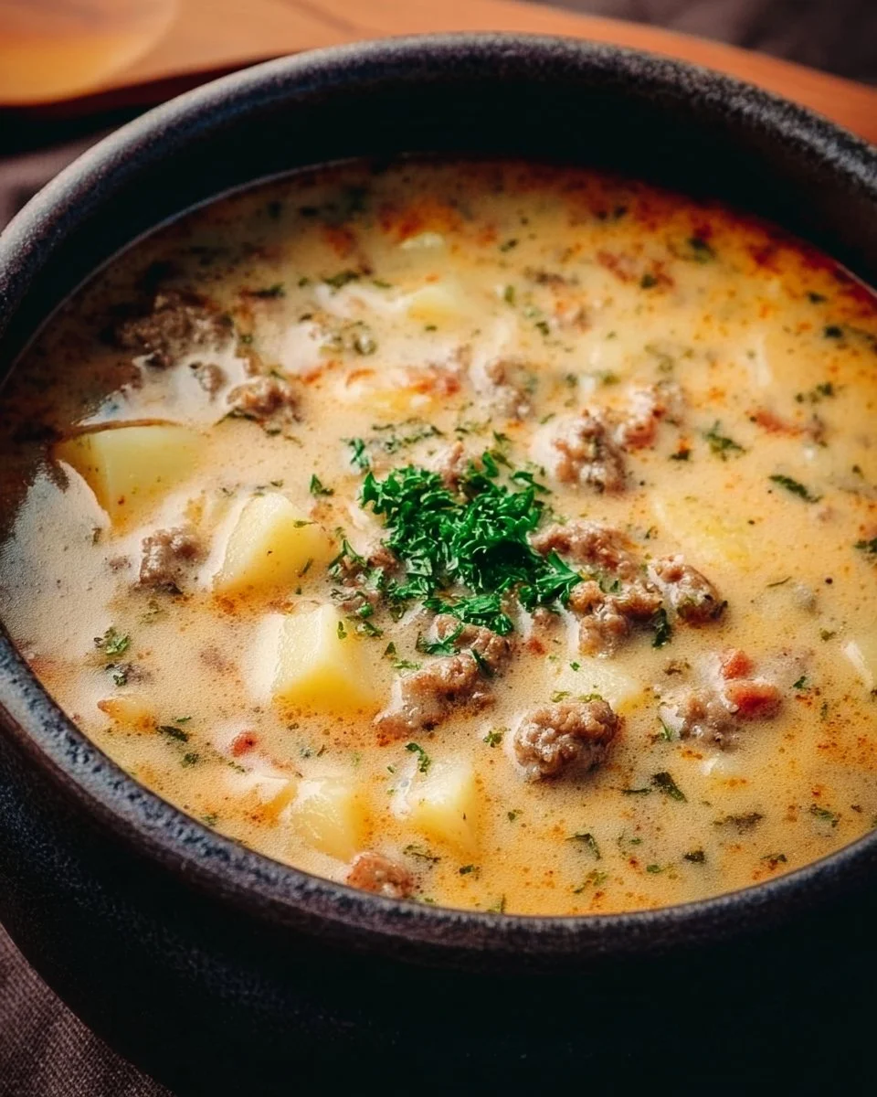 Delicious sausage potato soup in a bowl garnished with herbs