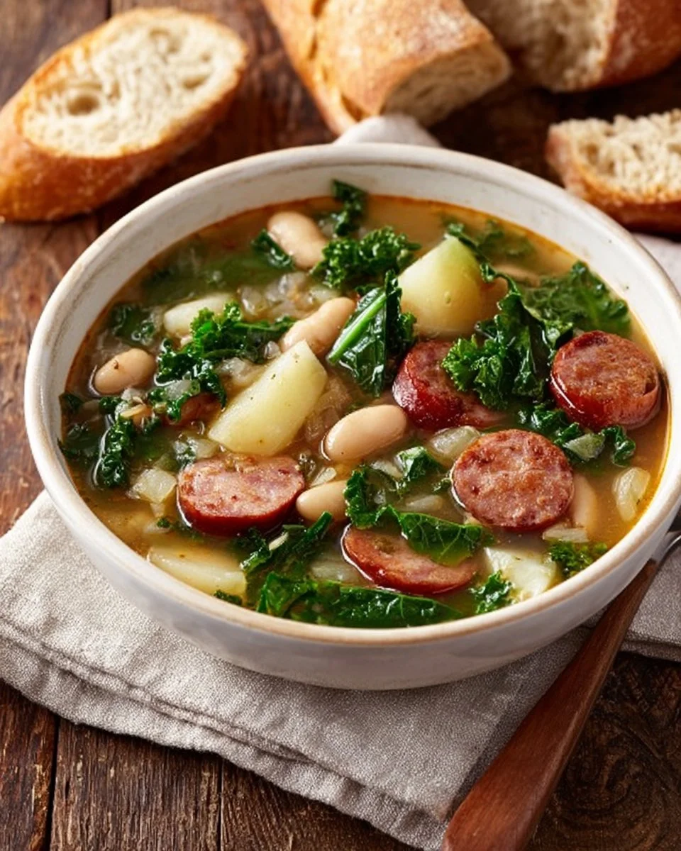 Bowl of hearty sausage soup with vegetables and herbs.