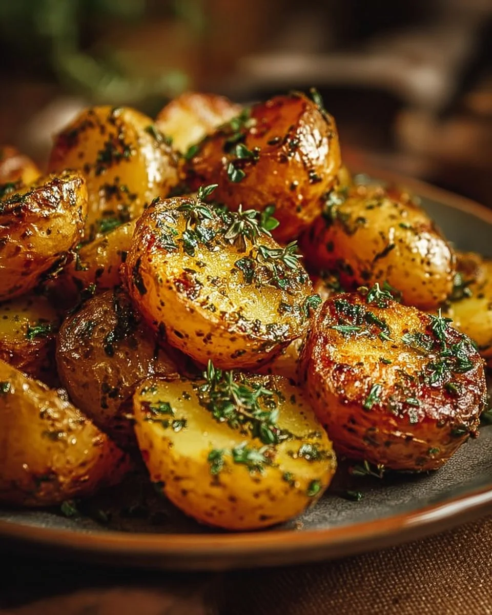 Delicious plate of savory slow-cooked potatoes garnished with herbs