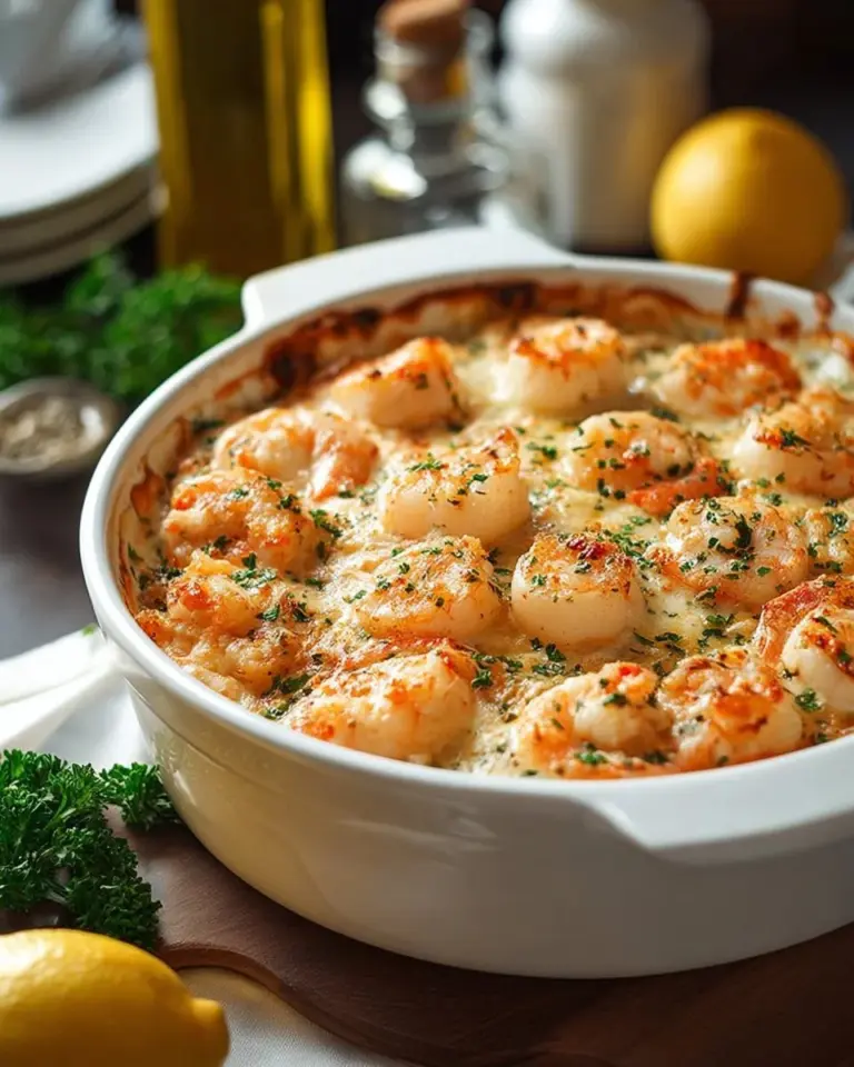 Delicious Seafood Casserole with shrimp, scallops, and creamy sauce
