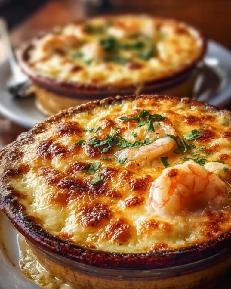Delicious Seafood Gratin with shrimp, scallops, and cheese baked to perfection