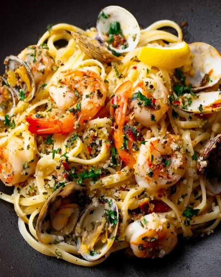 Plate of Seafood Linguine with delicious white wine sauce and fresh seafood
