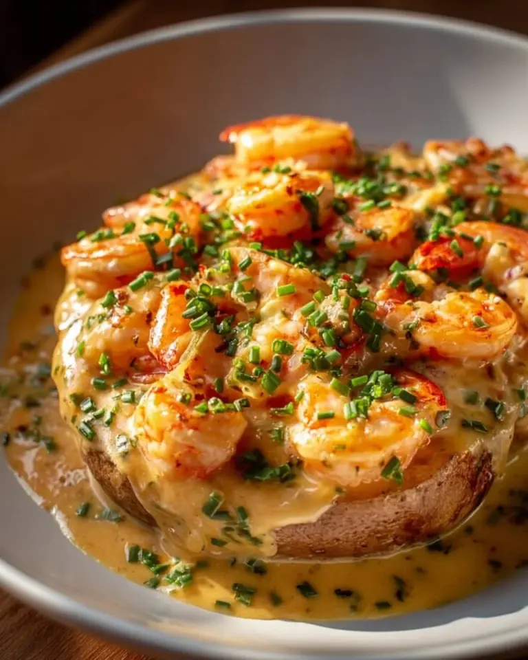 Delicious seafood stuffed potatoes topped with fresh herbs and spices.