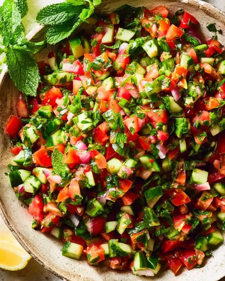 Fresh Shirazi Salad with cucumbers, tomatoes, and herbs in a bowl.