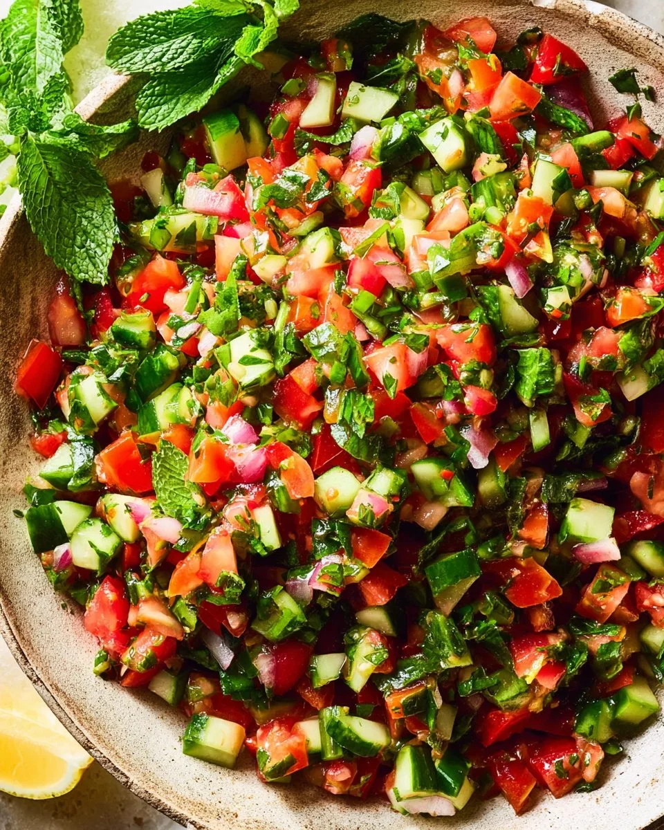 Fresh Shirazi Salad with cucumbers, tomatoes, and herbs in a bowl.