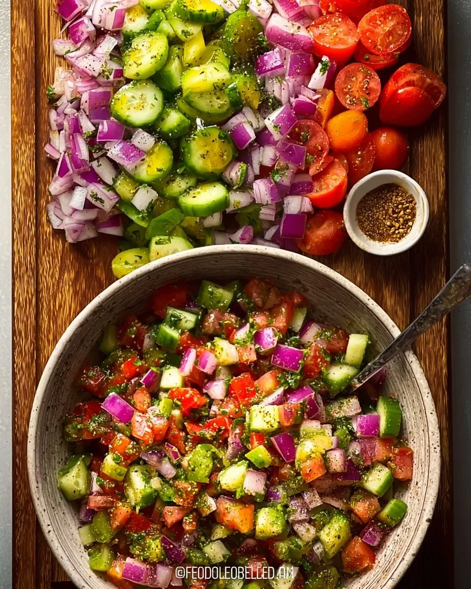 Fresh and colorful Shirazi Salad made with cucumber, tomatoes, onions, and herbs.