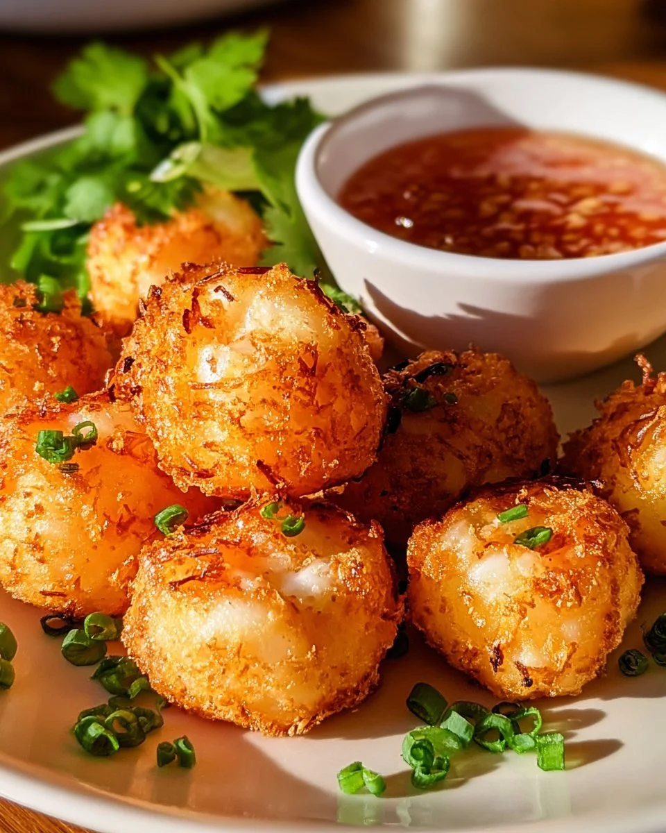Delicious homemade shrimp balls ready to serve as a seafood appetizer.