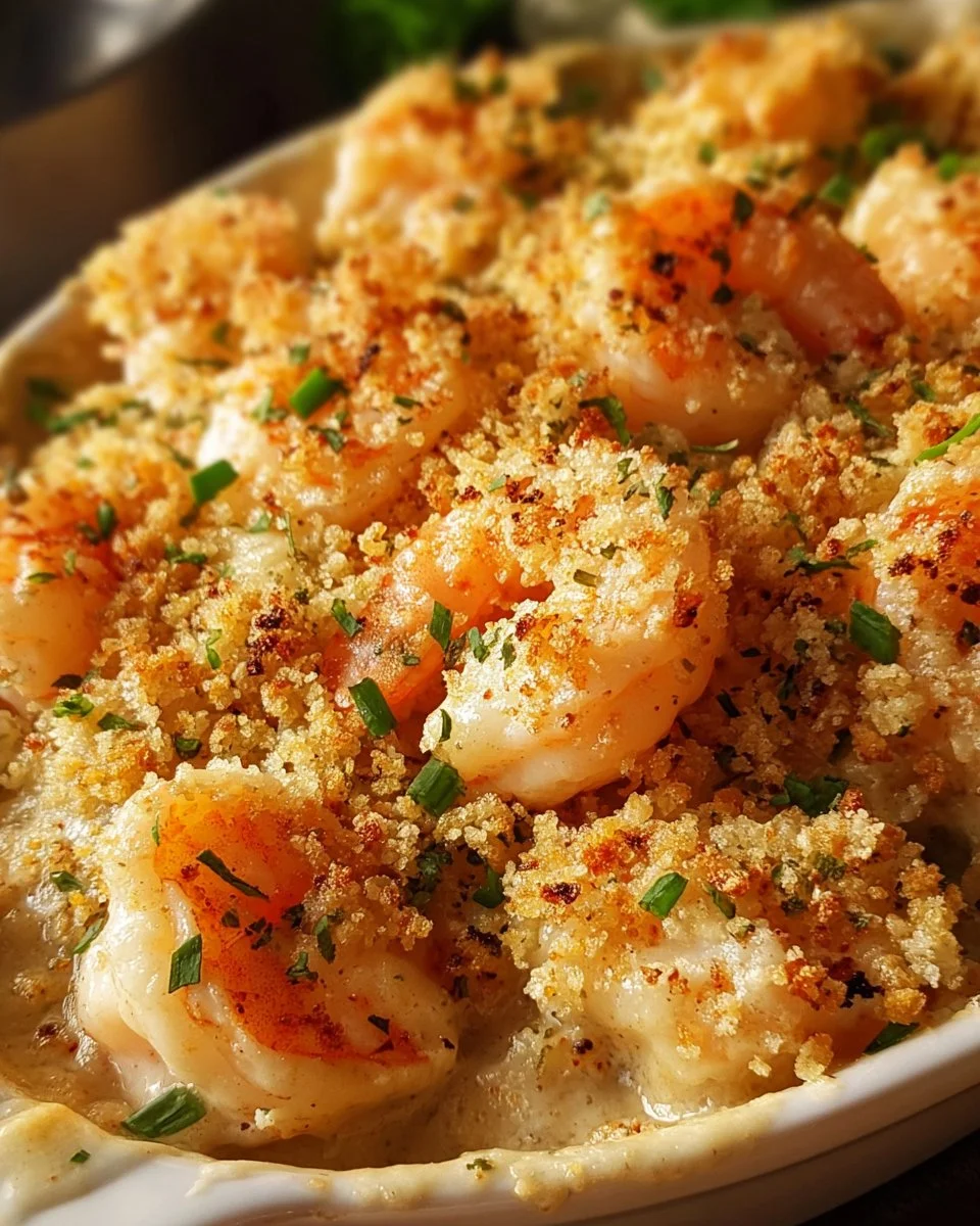 Delicious shrimp casserole served in a baking dish, topped with breadcrumbs.