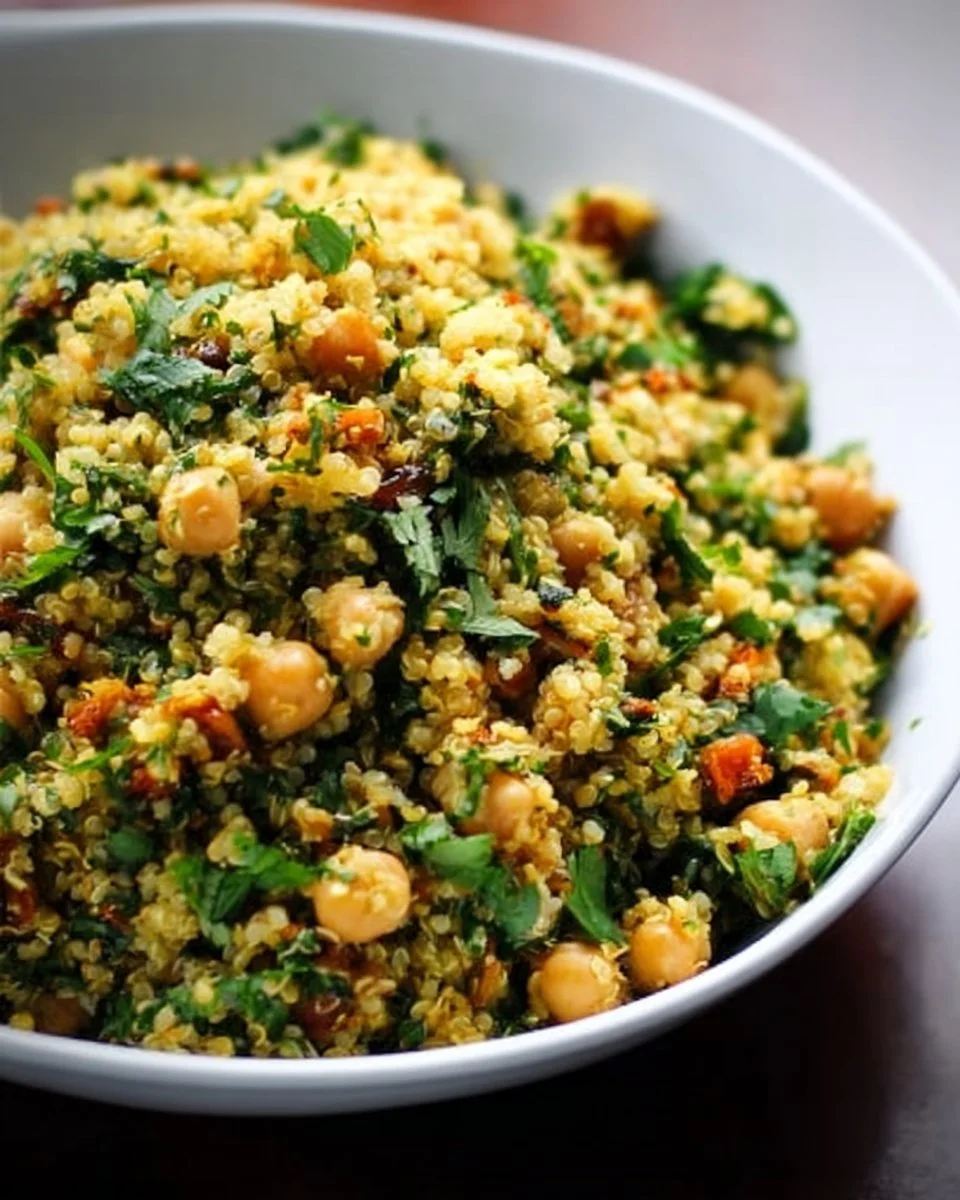 Bowl of simple curry spiced quinoa garnished with fresh herbs and vegetables