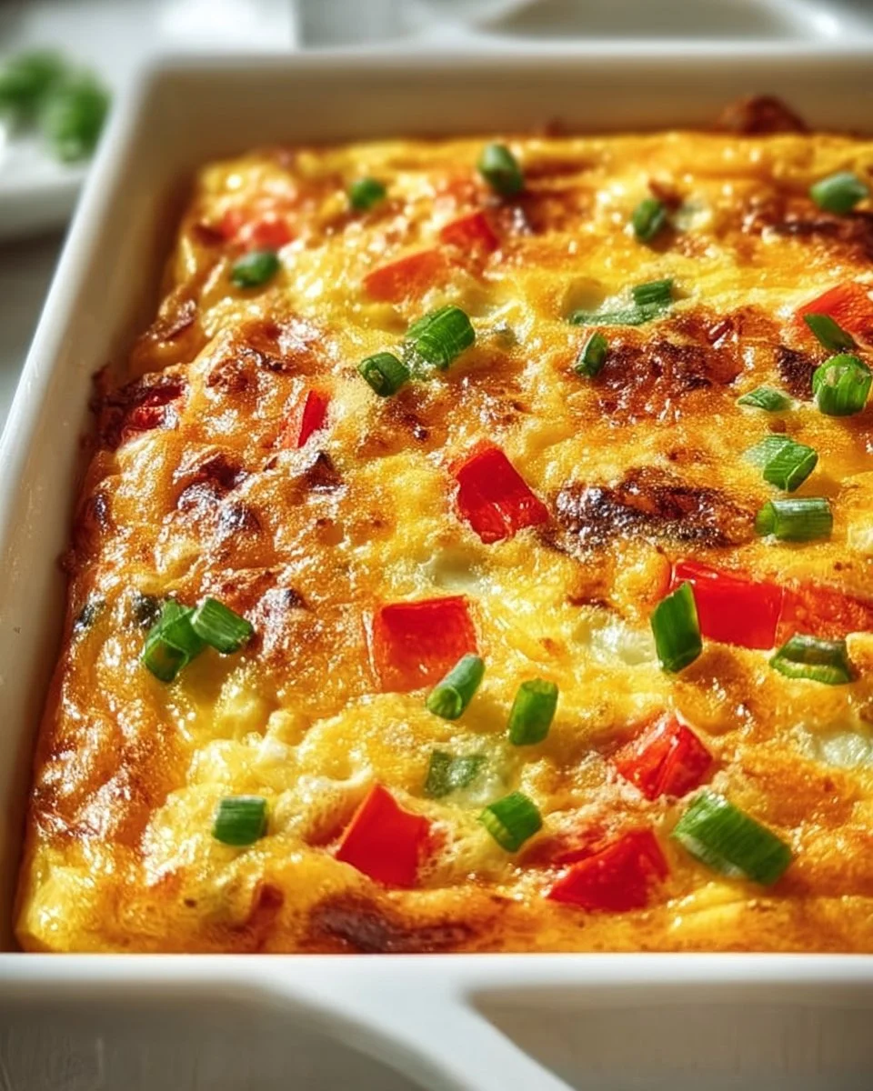 Delicious simple egg bake casserole ready to serve on a breakfast table.