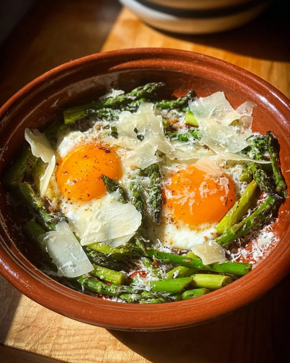 Skillet Asparagus and Eggs with Parmesan in a frying pan