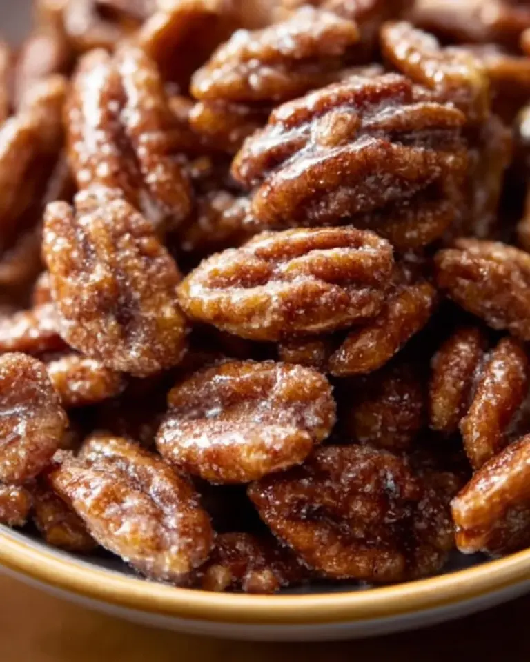 Slow cooker candied cinnamon pecans in a bowl, perfect for Thanksgiving.