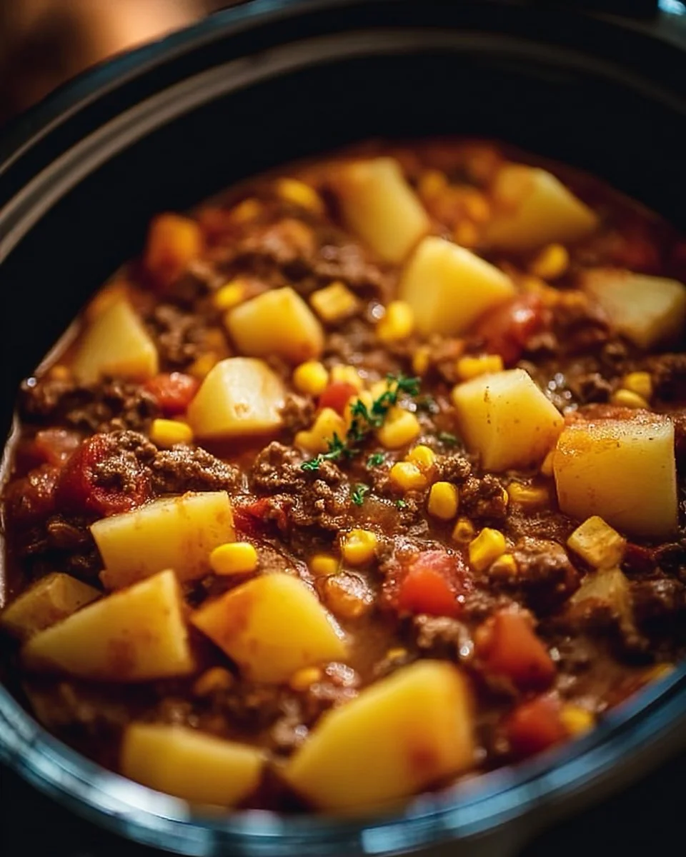 Delicious slow cooker cowboy casserole served in a bowl with toppings