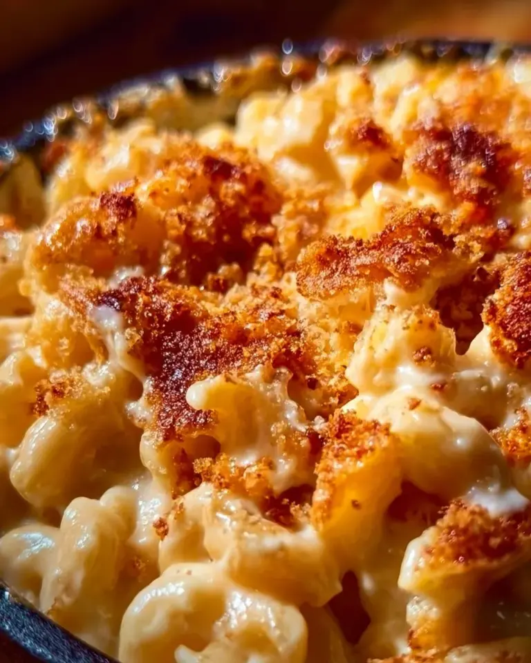 Delicious plate of smoked mac and cheese topped with crispy breadcrumbs