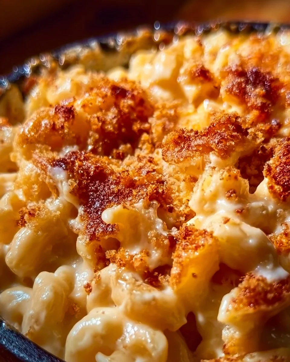 Delicious plate of smoked mac and cheese topped with crispy breadcrumbs