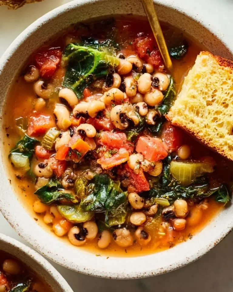 Bowl of smoky black eyed pea soup garnished with herbs and served with bread