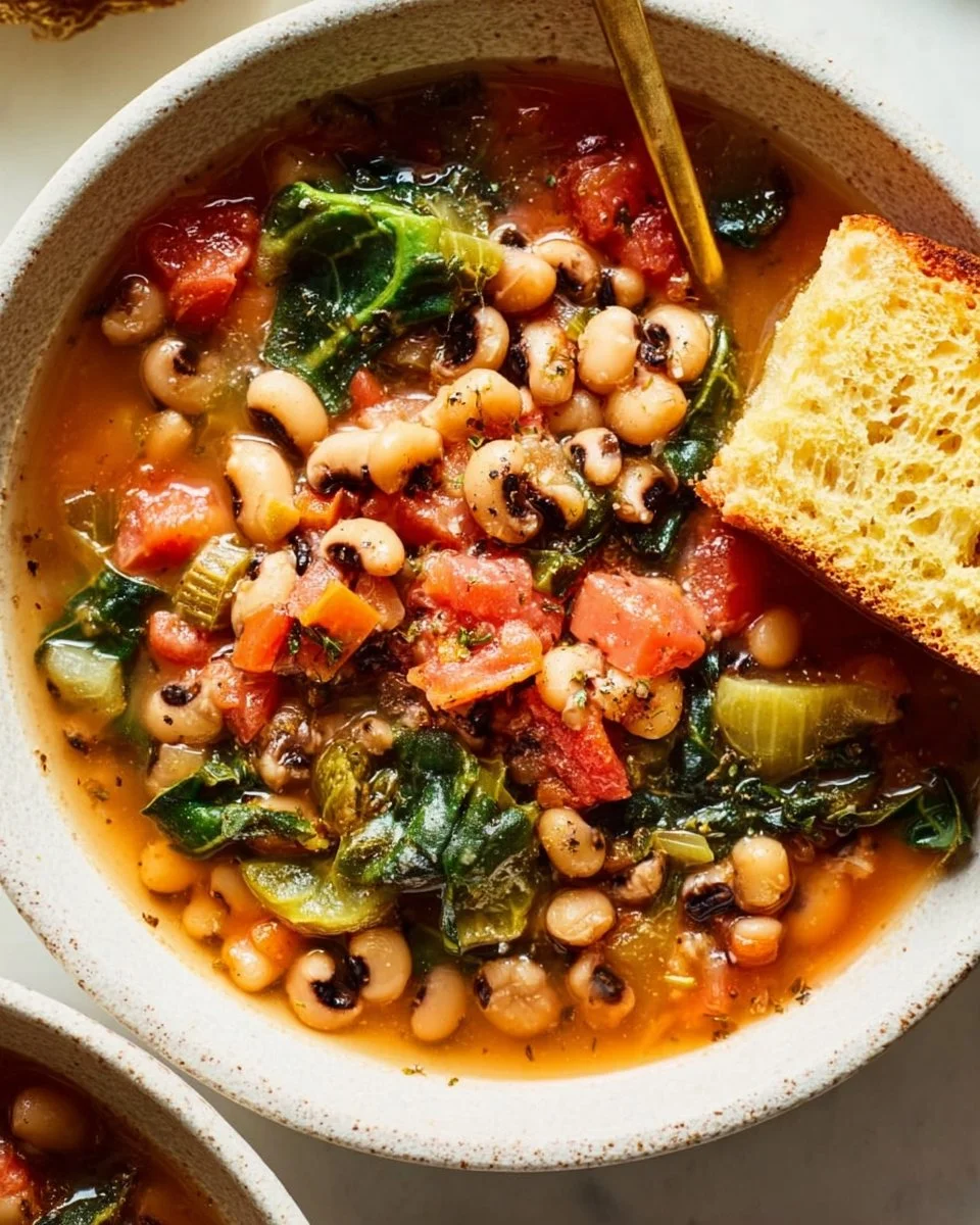 Bowl of smoky black eyed pea soup garnished with herbs and served with bread