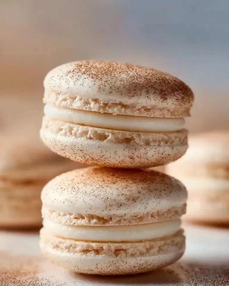 Plate of delicious snickerdoodle macarons with cinnamon and sugar topping