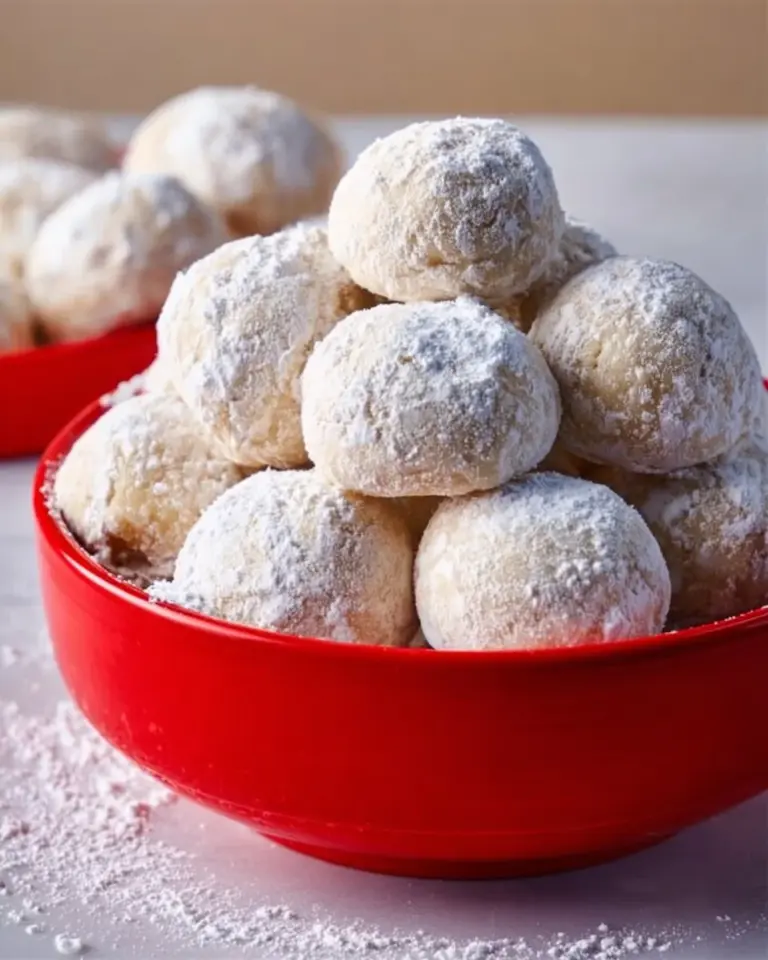 Plateful of freshly baked Snowball Cookies dusted with powdered sugar