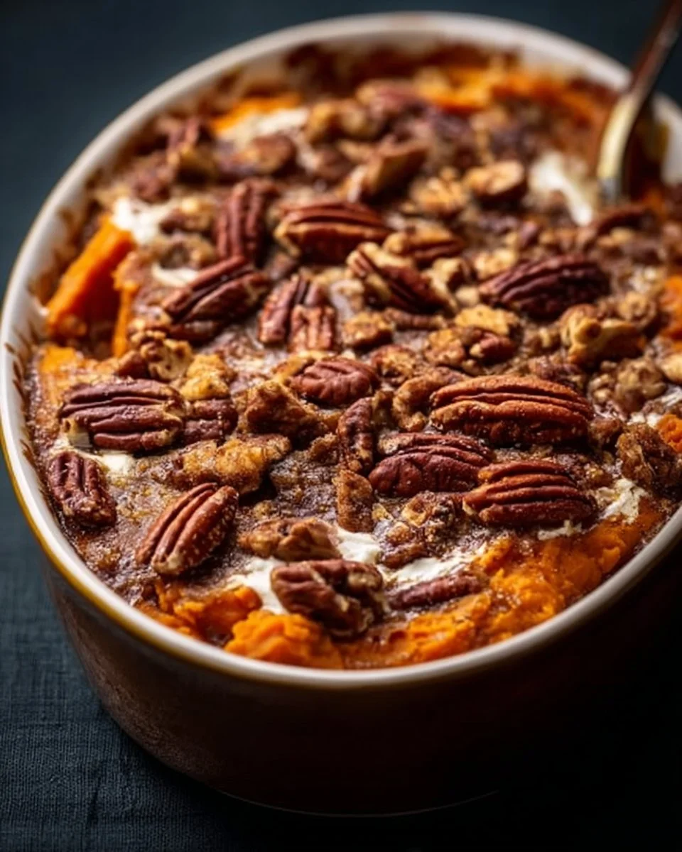 Southern Maple Sweet Potato Casserole topped with pecans and marshmallows