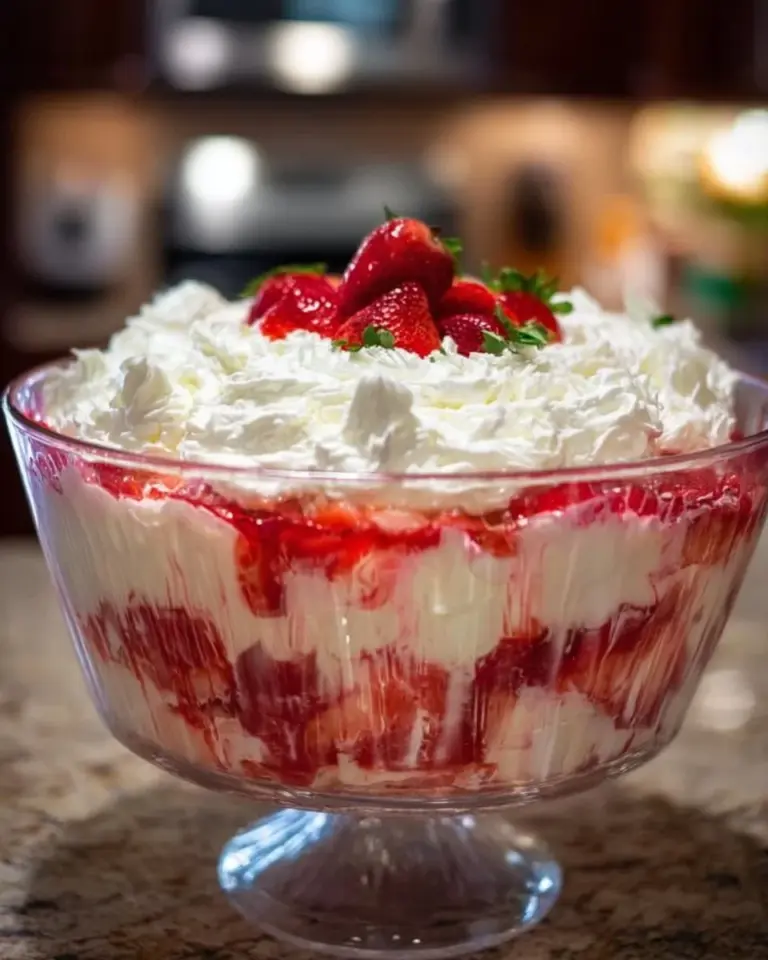 Southern strawberry punch bowl cake layered with strawberries and whipped cream
