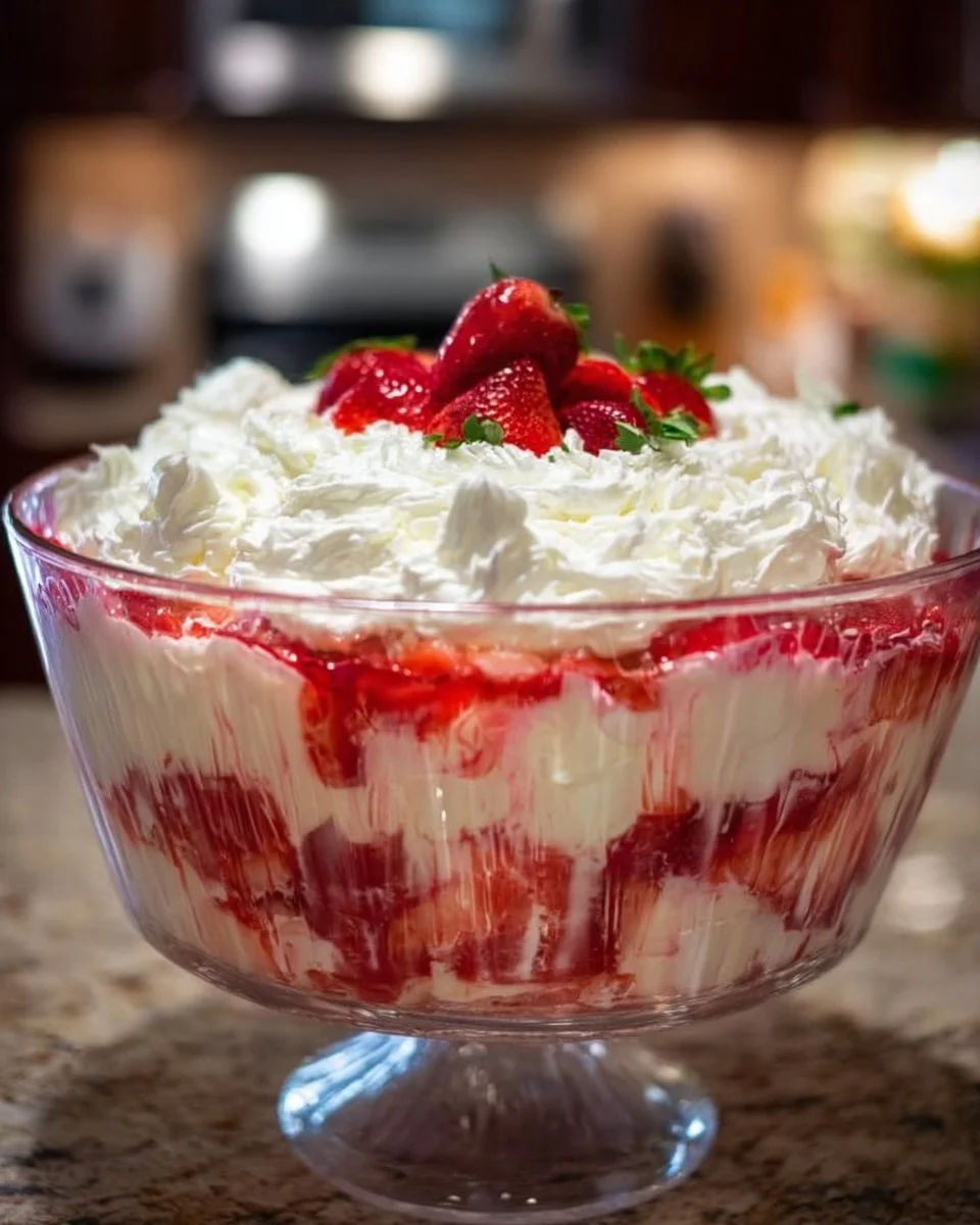 Southern strawberry punch bowl cake layered with strawberries and whipped cream