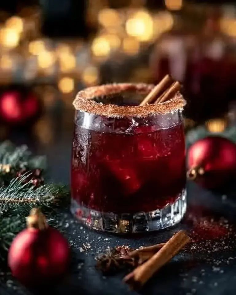 Spiced Christmas Margarita served in a festive glass with holiday decorations
