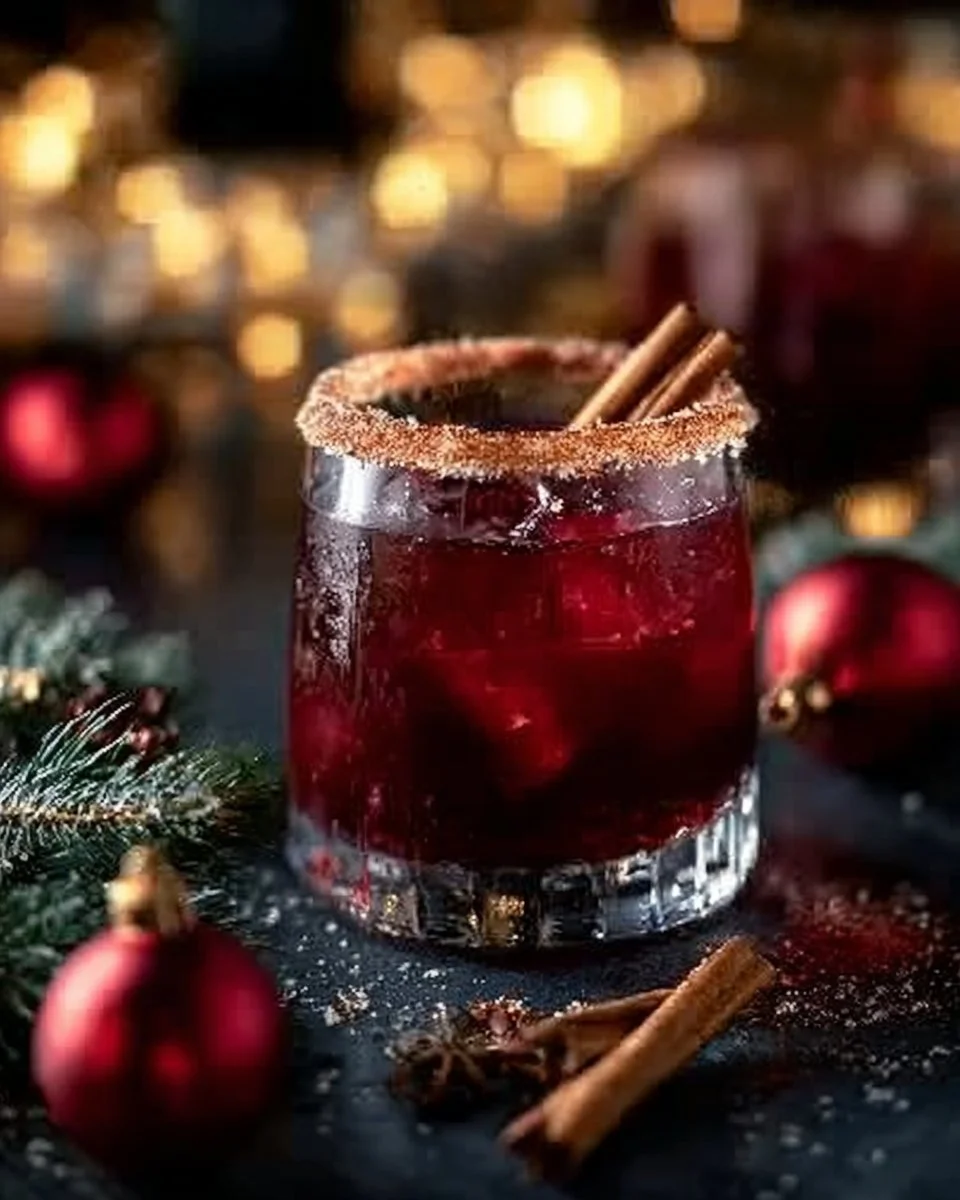 Spiced Christmas Margarita served in a festive glass with holiday decorations