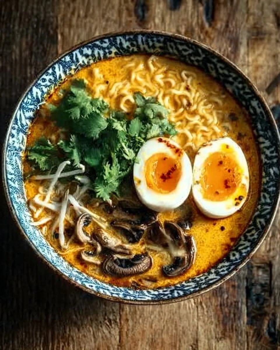 A bowl of spicy coconut curry ramen garnished with fresh herbs and vegetables.