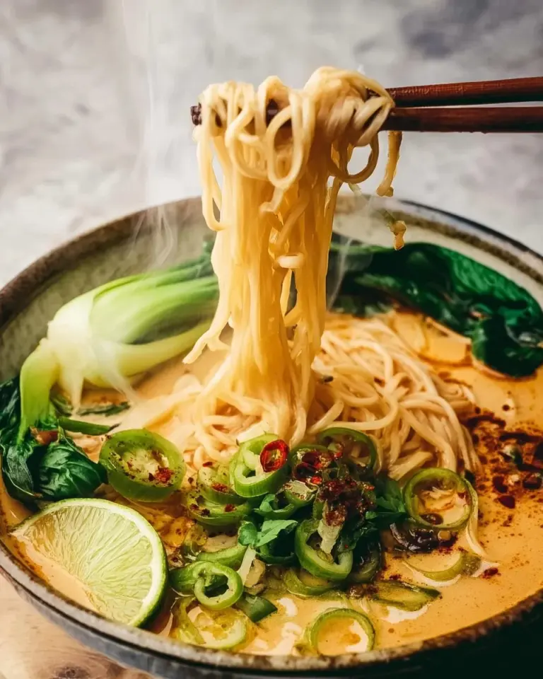 Bowl of spicy coconut noodles topped with fresh herbs and chili flakes.