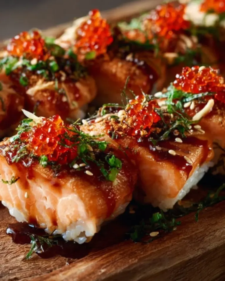 A delicious Spicy Salmon Sushi Bake topped with green onions and spicy mayo.