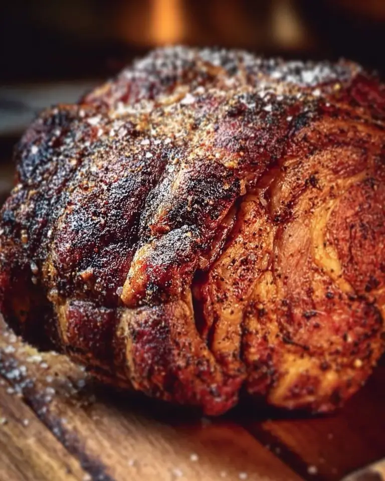 Juicy standing rib roast cooked to perfection, garnished with herbs and spices.