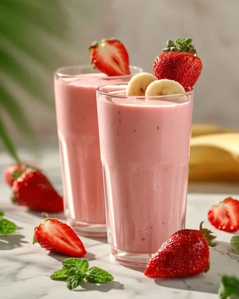 Delicious strawberry banana smoothie in a glass with fresh fruits