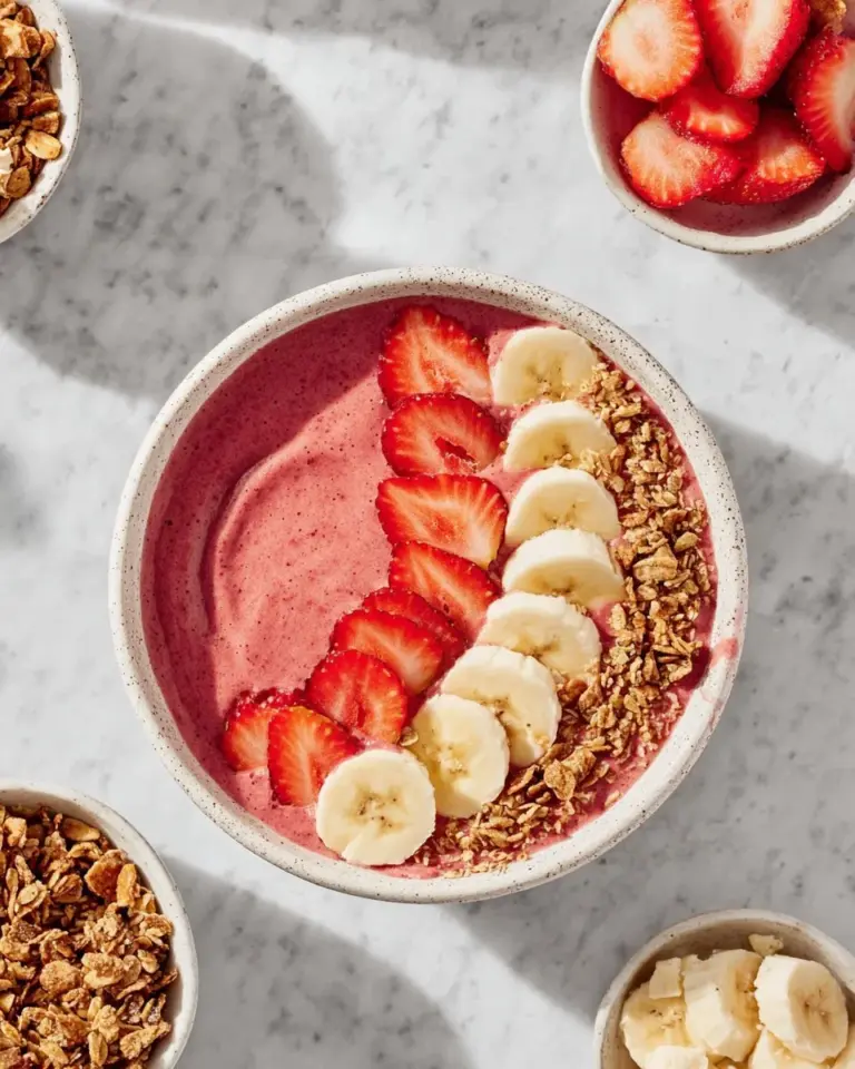 Delicious strawberry banana smoothie bowl topped with fresh fruits and granola.