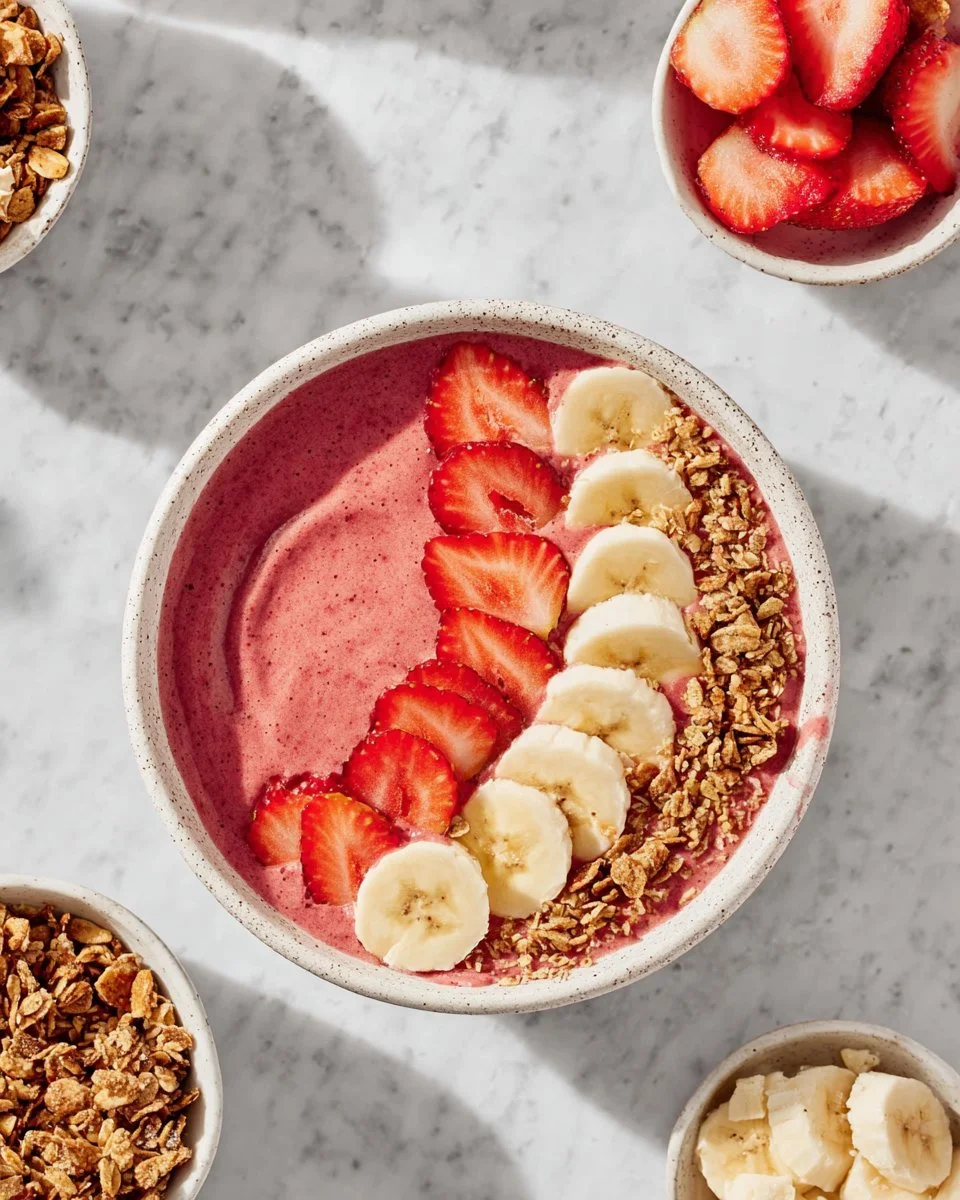 Delicious strawberry banana smoothie bowl topped with fresh fruits and granola.