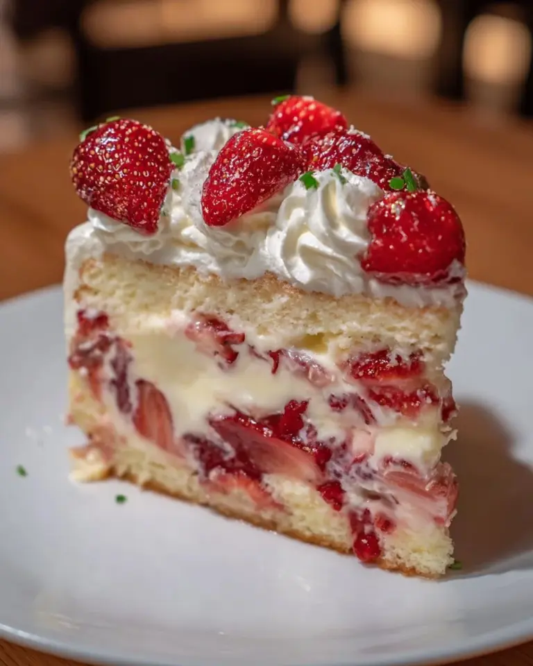 Slice of Strawberry Custard Cake topped with fresh strawberries and cream