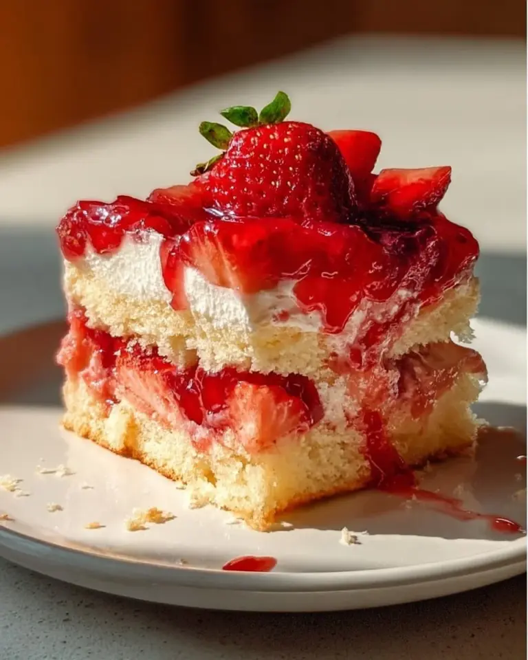 Delicious Strawberry Earthquake Cake with a fudgy base and strawberry topping